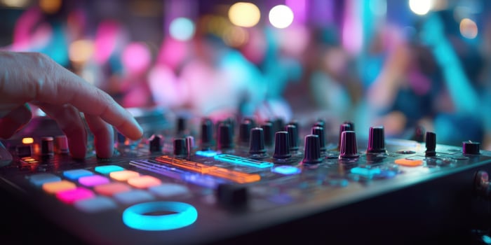 The DJ Equipment Illuminated by Colorful Lights in a Vibrant Nightclub Setting photo