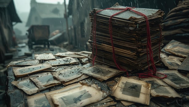 Stack of old paper documents tied with string in rainy weather photo