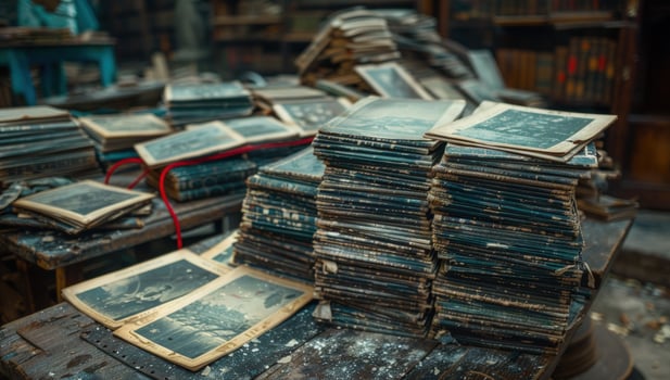 Vintage photographs stacked high historical collection photo