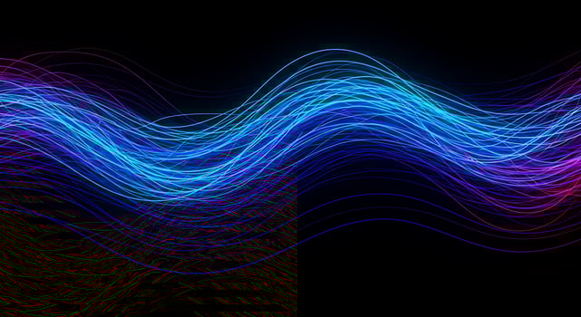 Vibrant Digital Soundwave of Intertwined Blue and Magenta Light Trails photo