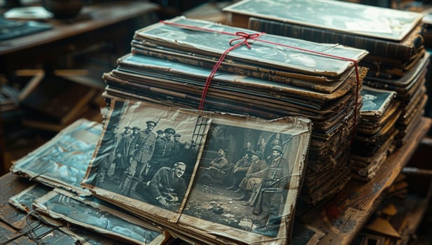 Stack of aged monochrome photographs vintage collection photo