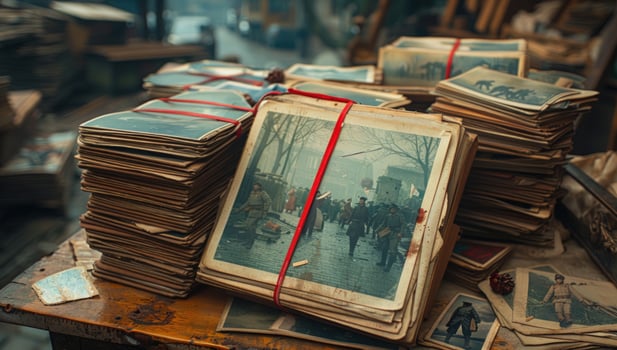 Stacked vintage photographs with red string rustic arrangement photo