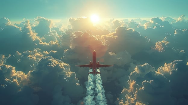 Airplane flying over clouds at sunrise air travel and aviation photo