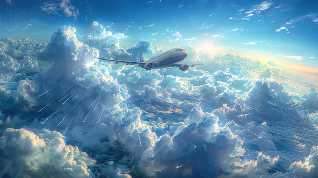 Commercial airplane flying high above the fluffy clouds in blue sky during a sunny day photo