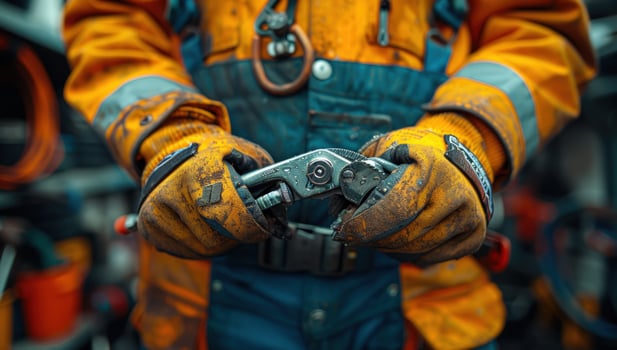 Manual worker adjusting industrial tool with safety gloves at work photo