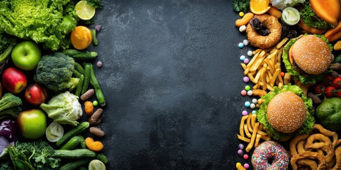 The vibrant contrast of healthy and unhealthy food options on a dark background. photo