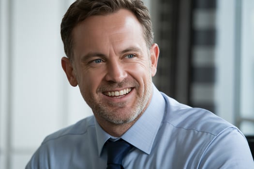 Smiling Caucasian man in a blue shirt, sitting in an office, radiating confidence and professionalism. photo