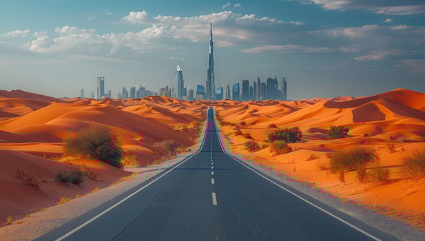 Desert road leading to modern city skyline in arid landscape photo