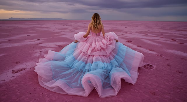 A woman in a pink and blue dress standing in the middle of a pink field photo