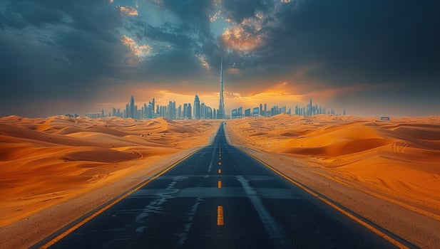 Desert road to modern city skyline landscape with dramatic sky scenery photo