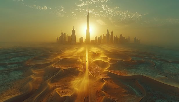 Modern city skyline at sunset in desert landscape with road leading to urban center photo