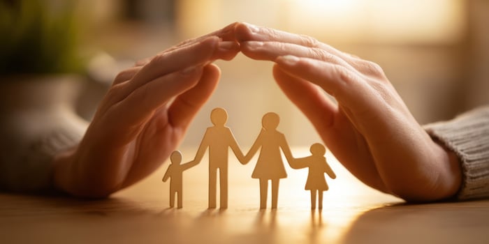The hands cradling a symbolic family figure representation in a warm setting. photo