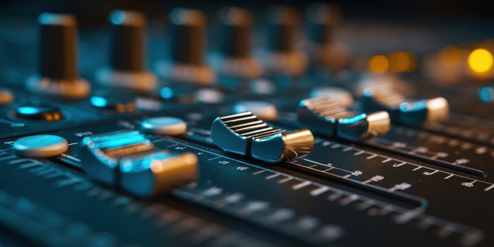 The intricate design of a modern audio mixing console showcasing vibrant controls. photo