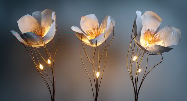 Decorative floor lamps shaped like large, light-filled flowers. photo