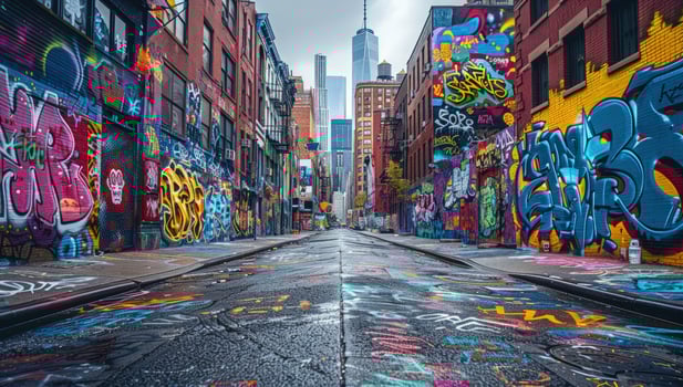 Urban street with colorful graffiti art on buildings and roadway photo