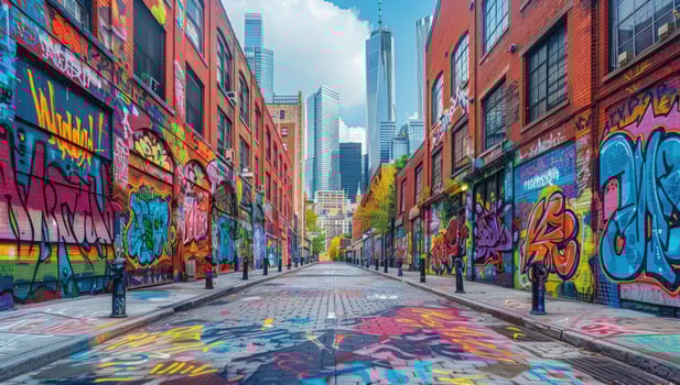 Urban street with graffiti art murals colorful city architecture photo