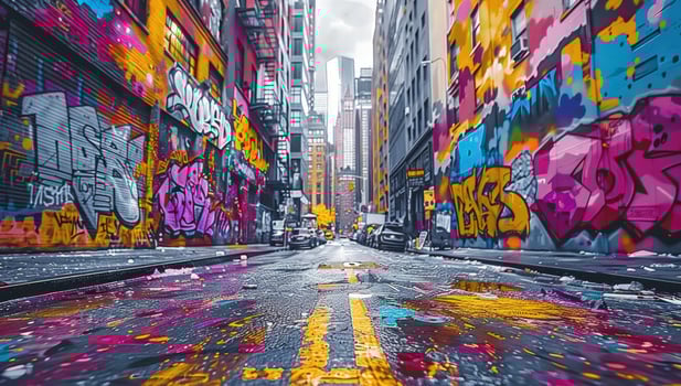Colorful graffiti art on urban city street with wet reflections and tall buildings photo
