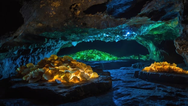 Stunning underground cave illuminated by colorful lights highlighting unique rock formations photo