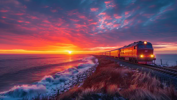 Coastal train journey at sunset scenic railway transportation photo