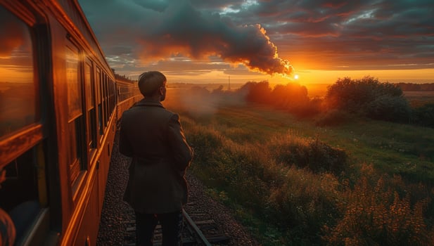 Person watching sunset by train transportation photo