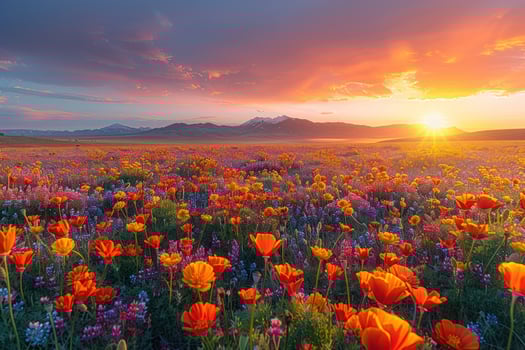 Vibrant meadow blooms at sunset with mountain backdrop photo