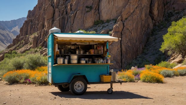 Colorful food cart set against a mountainous backdrop, serving refreshments in a vibrant landscape photo