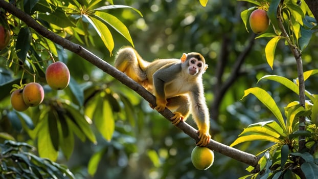 Playful monkey perched on a branch surrounded by ripe mangoes in a lush green forest photo