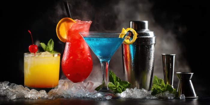 The colorful cocktails beautifully presented on a dark background with ice. photo