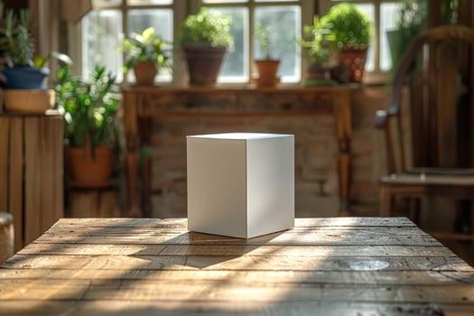 White cube on wooden table with plants in natural light product mockup photo