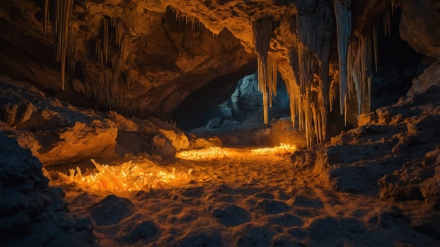 Stunning underground cave illuminated by glowing formations and natural stalactites, showcasing a mystical ambiance photo