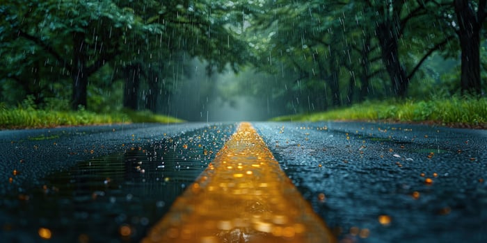 Rainy road through forest landscape with yellow center line on asphalt photo