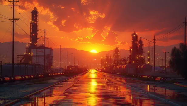 Industrial sunset landscape with refinery and towering structures photo