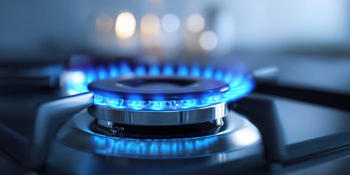 The glowing blue gas burner igniting a modern kitchen atmosphere photo