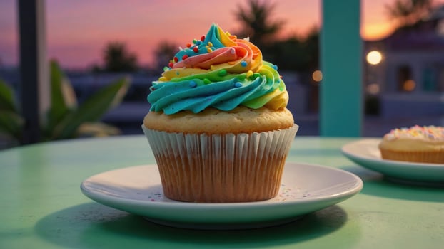 Colorful rainbow cupcake on a plate at sunset with blurred background highlighting a serene atmosphere photo