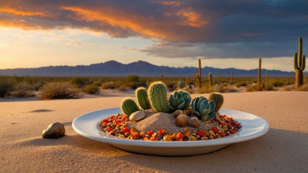 A colorful desert-inspired plate featuring cacti and pebbles, set against a dramatic sunset backdrop photo