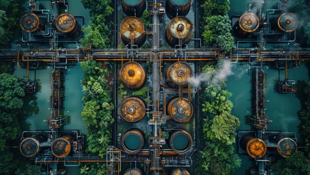 Industrial plant juxtaposed with nature aerial view photo
