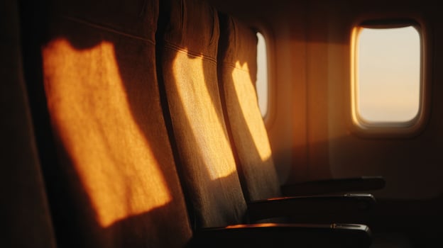 Airplane Seats Illuminated By Warm Sunset Light Through Window. Tranquil Travel Atmosphere photo