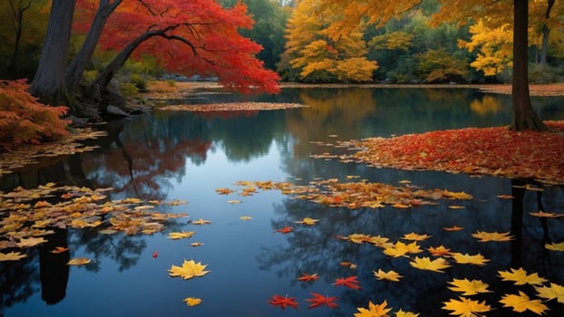 Serene autumn landscape with vibrant red and orange leaves reflecting on still water at a peaceful park photo