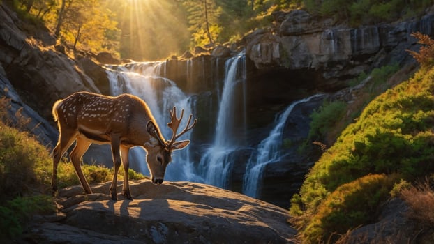 Serene deer grazing near a waterfall in a lush forest during golden hour, capturing nature's beauty photo