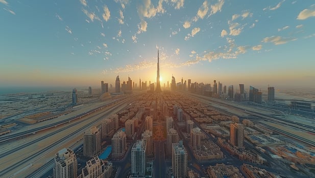 Urban skyline at sunset modern cityscape architecture and infrastructure photo