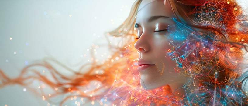 Dreaming woman abstract portrait with glowing neural network photo