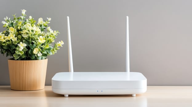 Wireless router with antennas on wooden table beside potted plant, creating modern look photo