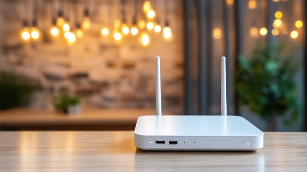 Wireless router with antennas, modern design, and warm lighting creates cozy atmosphere photo
