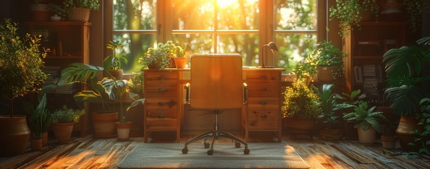 Sunlit indoor workspace with desk chair and green plants in natural setting photo