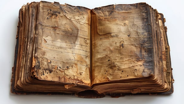Antique book with worn pages and aged paper for historical literature photo