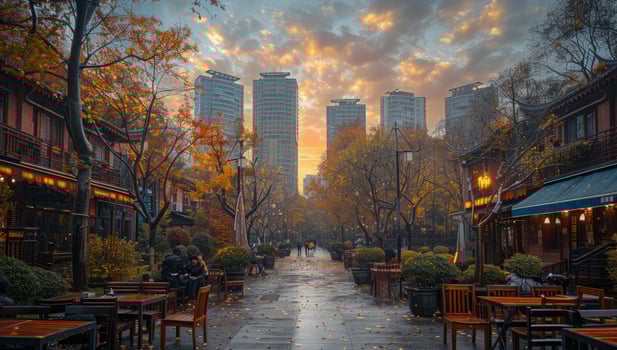 Cityscape street view with autumn trees and modern high rises photo