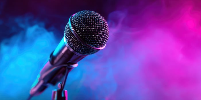 The dynamic microphone surrounded by colorful smoke and vibrant lighting. photo