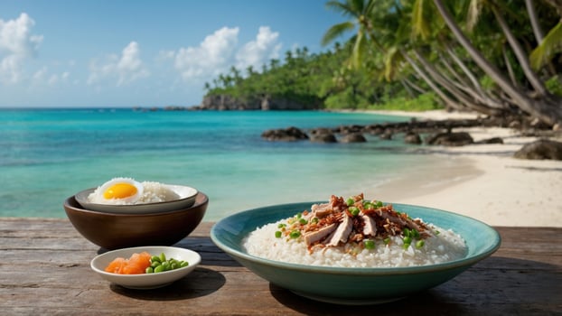 Tropical beach scene featuring a delicious meal of rice, chicken, and eggs with palm trees in background photo