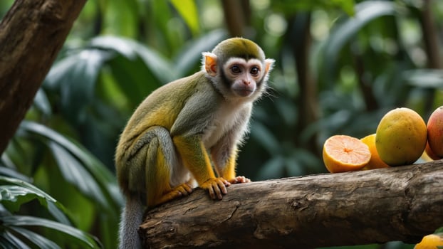 Playful monkey sitting on a branch in a lush green environment with fruits in the background photo
