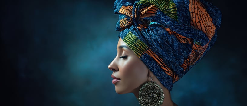 The Elegant Woman in a Vibrant Blue Headwrap Showcasing Cultural Heritage photo